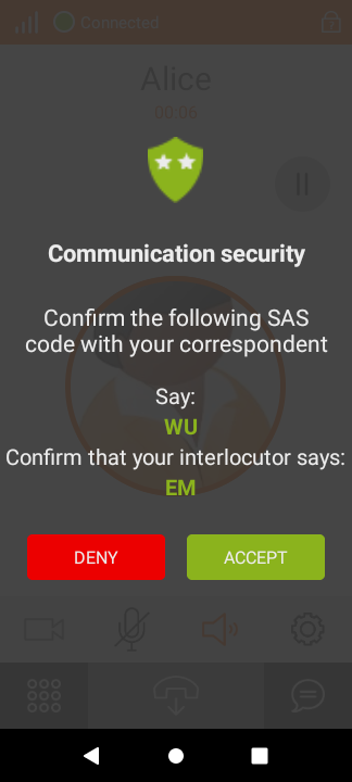 Screenshot of Linphone on Android as seen by Bob while calling Alice. The user interface displays the short authentication string WU EM and asks for confirmation.